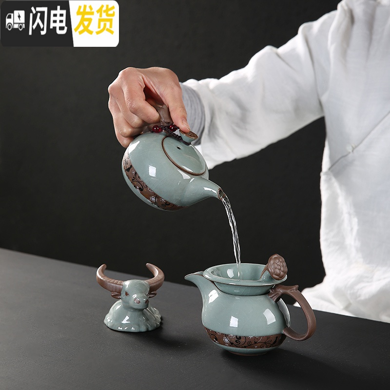 三维工匠简约网红抖音茶具汝窑哥窑茶盘拖盘套装整套冰裂陶瓷功夫紫砂茶壶 哥窑茶盘+盖碗套组高清大图
