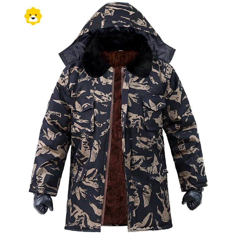 fishbasket迷彩棉衣棉服男冬季加绒加厚军大衣防寒劳p冷库工作服中长