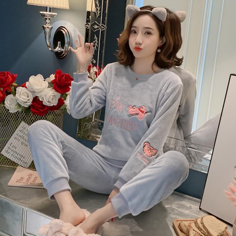 睡衣女士珊瑚绒春秋长袖两件套学生韩版清新家居服法兰绒套装秋冬