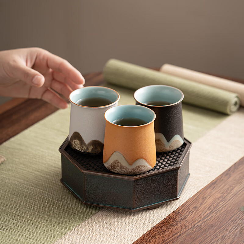 苏氏陶瓷/SUSHI CERAMICS J0808 手绘山水画茶杯三色功夫茶杯主人杯中国风千里江山文创伴手礼礼盒装)高清大图