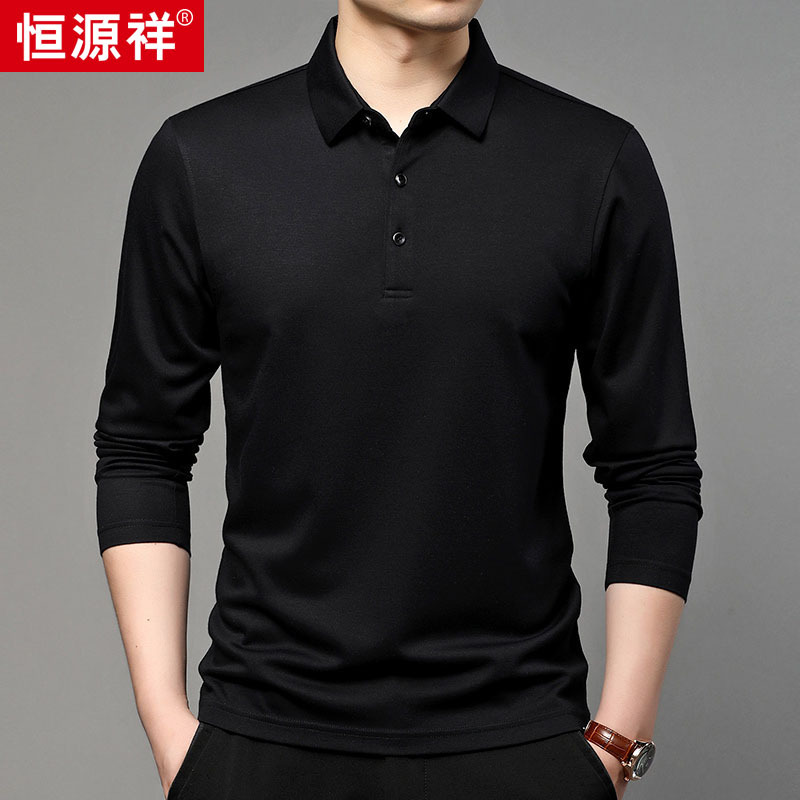 恒源祥莫代尔含羊绒长袖t恤男2025秋冬新款中老年翻领体恤男t恤衫高清大图