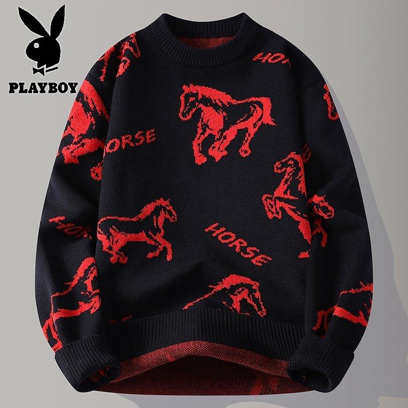 花花公子新款高品质【新款】 2025年秋冬款圆领针织毛衣男 黑色 175