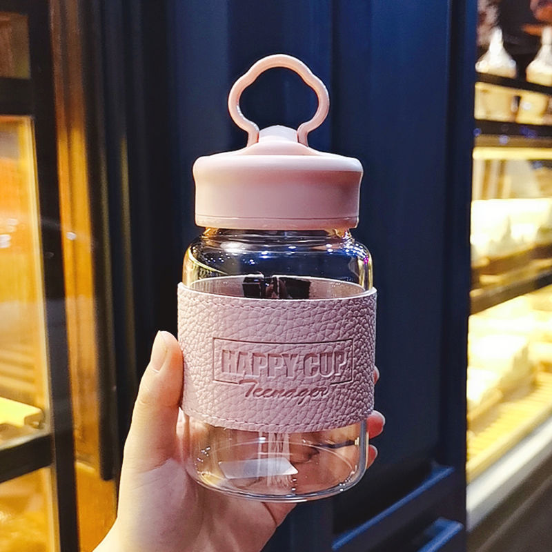 清新手机支架玻璃杯子可爱女学生韩国个性创意潮流ins风原宿水杯 粉色-350ml 手机支架皮套玻璃杯