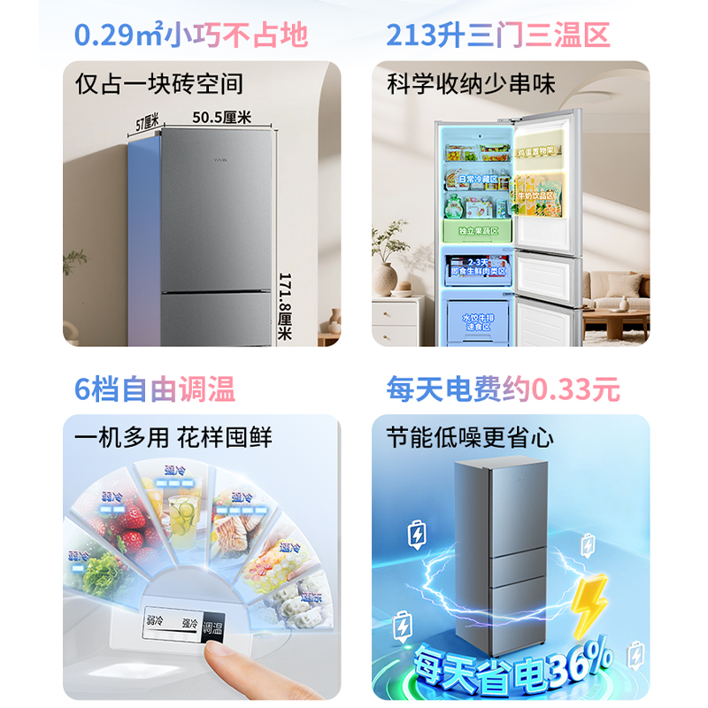 [美的出品]华凌213 三门电冰箱节能省电低音三门三温三开门小型家用租房冷冻冷藏小冰箱BCD-213THA高清大图