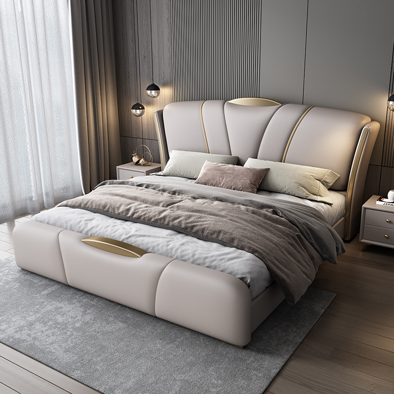 景山百岁 法式奶油风真皮床轻奢现代简约1.5米1.8米双人床主卧大床小户型极简储物软包床婚床（多色可选 拍下请备注）高清大图