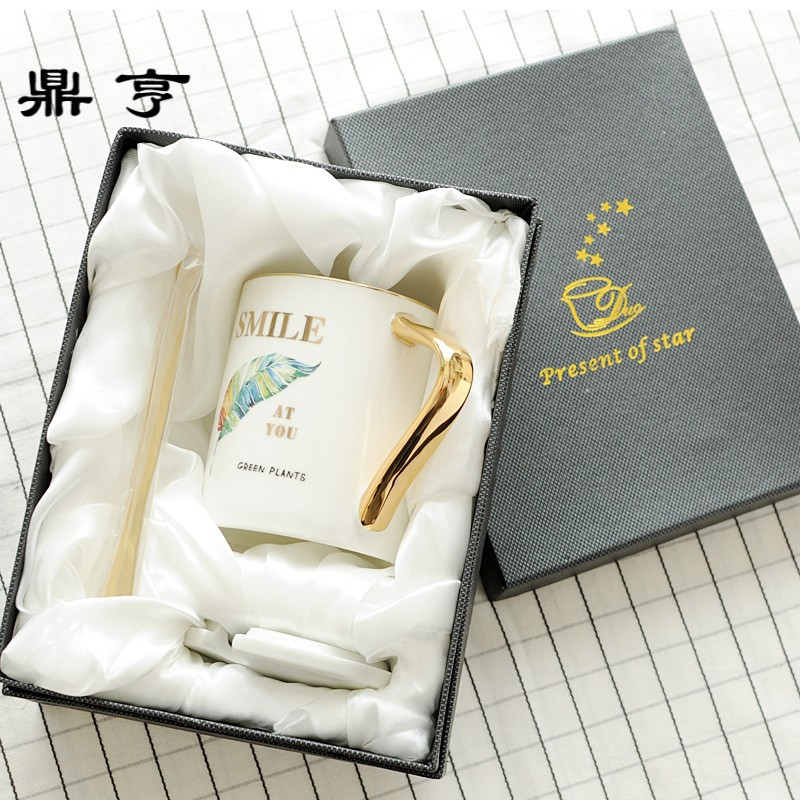鼎亨ins北欧简约家用杯子陶瓷带盖勺咖啡杯马克杯创意情侣水杯女