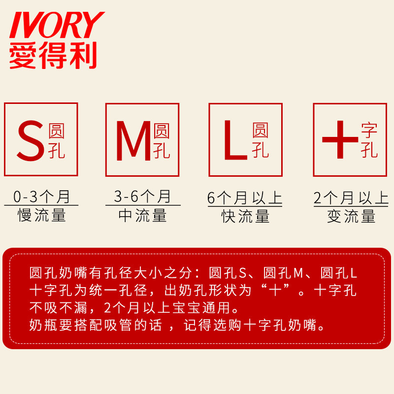 爱得利IVORY奶嘴宽口径硅胶奶嘴通用仿母乳螺旋实感2个装 B58 L圆孔 适合人群：6个月以上宝宝