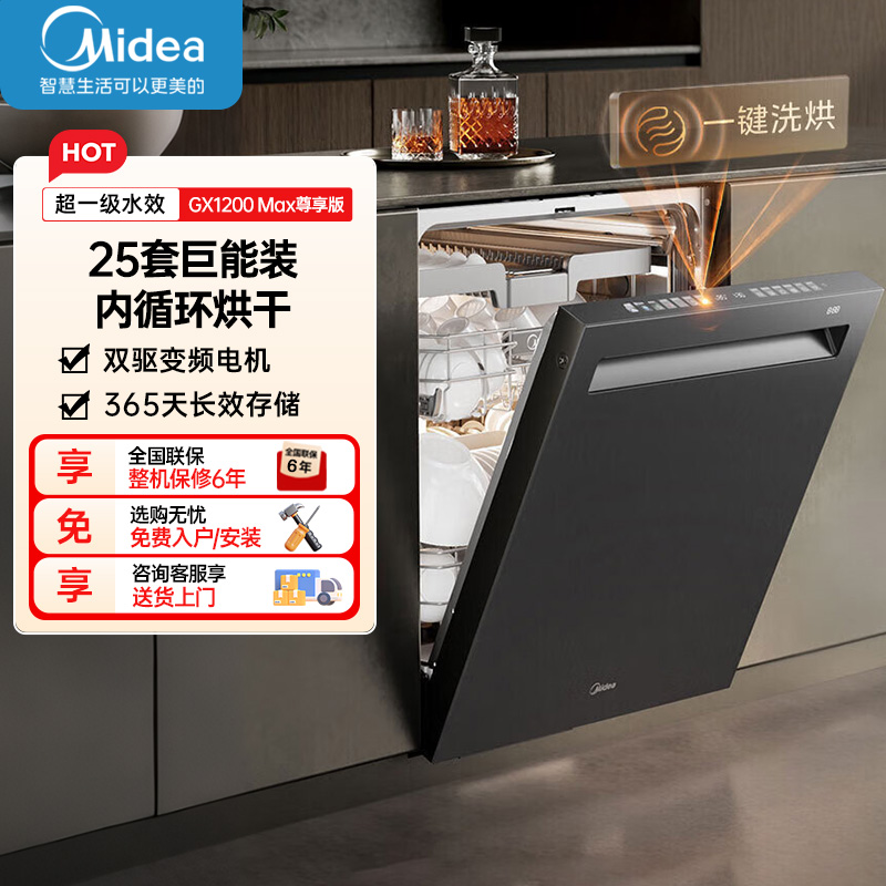 美的25套小西梅洗碗机GX1200Max尊享版洗碗机嵌入式智能投放万向五臂飓风洗内循环烘干七星消杀高清大图