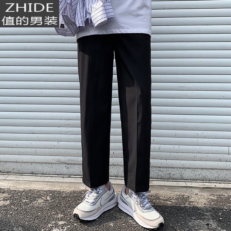 值得男装季九分西裤男韩版青年修身小脚潮流免烫英伦西装裤理发师休闲裤_327 黑色 XL