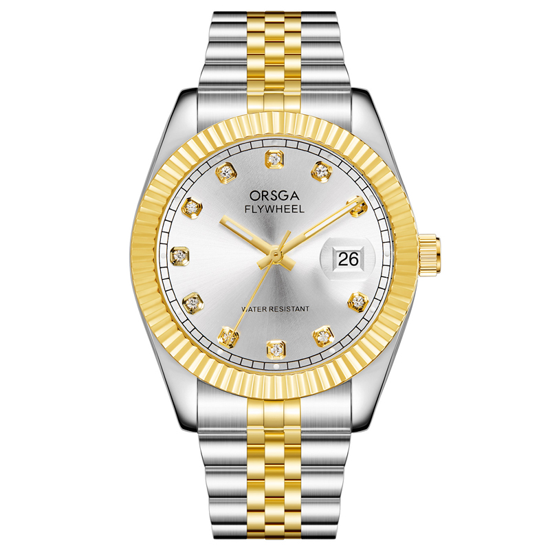 ORSGA手表男简约男士手表防水日历时尚休闲商务学生男表石英表腕表1228G 间金白面