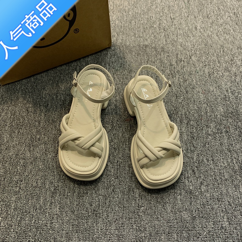 SUNTEK大码凉鞋41一43女鞋外穿胖脚宽脚鞋子女女款高跟夏季平底厚底加肥