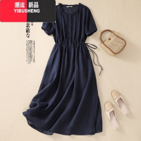 YIBUSHENG文艺棉麻短袖连衣裙女淑女气质系带收腰显瘦木耳领亚麻衬衫长Y 2XL建议145-165斤 藏青色(少量现货)