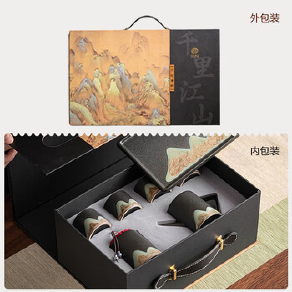 苏氏陶瓷手绘彩画整套茶具配干泡盘直筒壶茶叶罐7件功夫茶杯茶具节日礼盒_高清大图