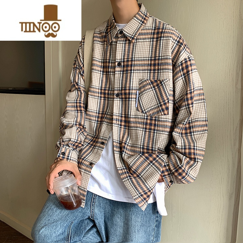 YANXU格子衬衫男秋季美式宽松百搭长袖衬衣日系复古休闲外男搭高清大图