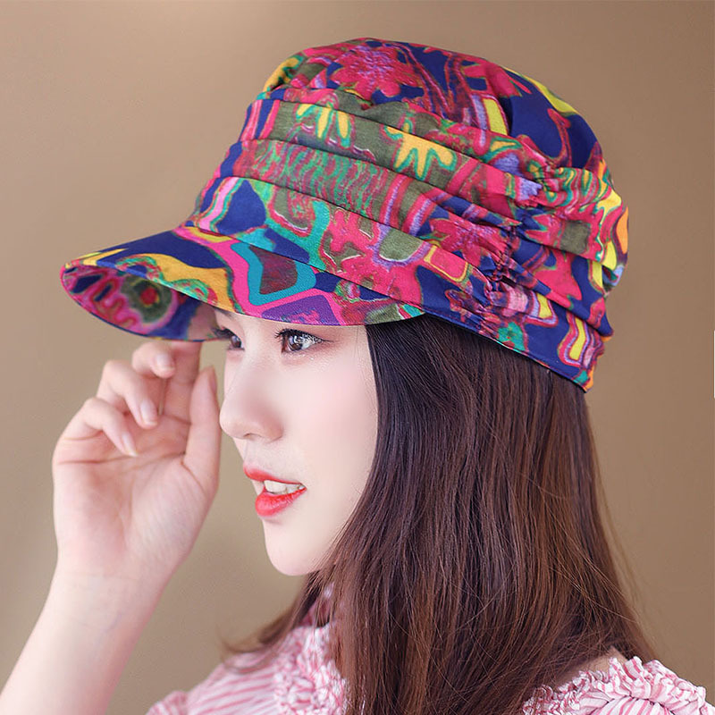 秋天女版民族风印花平顶鸭舌帽户外棒球帽中老年妈妈帽防晒帽布帽帽子