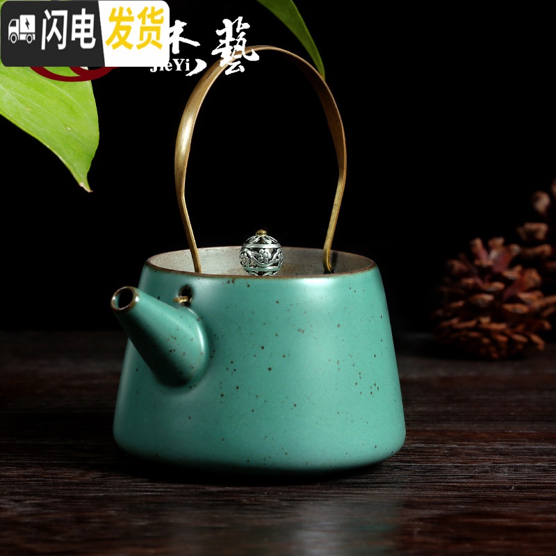 三维工匠手工提梁壶过滤泡茶壶大号陶瓷粗陶壶家用手抓壶日式创意功夫茶壶 古陶[茶壶]T梁壶孔雀绿茶具高清大图