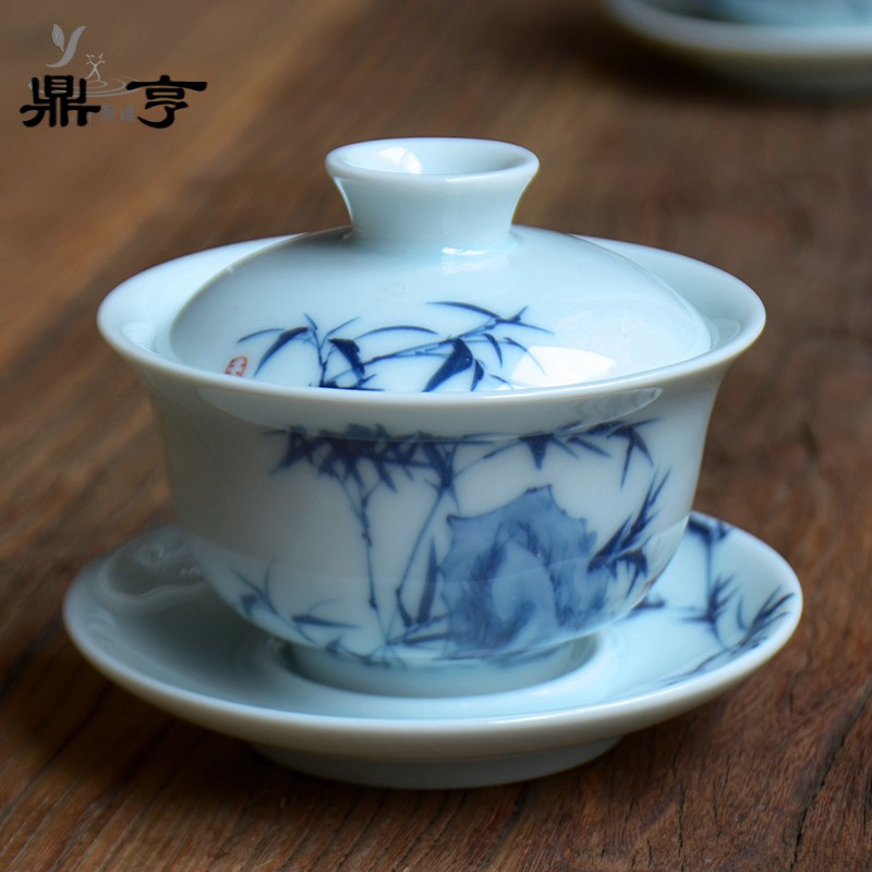 鼎亨手绘荷花茶碗盖碗茶杯青瓷三才盖碗功夫茶具泡茶碗套装陶瓷敬