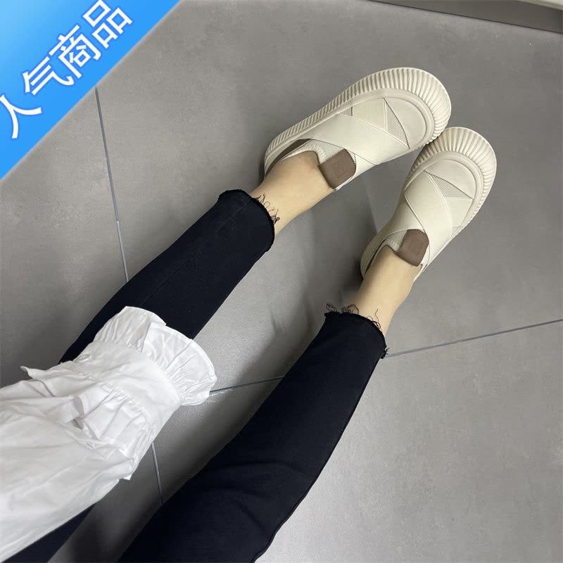 SUNTEK饼干鞋女飞织透气网面休闲鞋2023新款厚底圆头丑萌懒人套脚乐福鞋图片