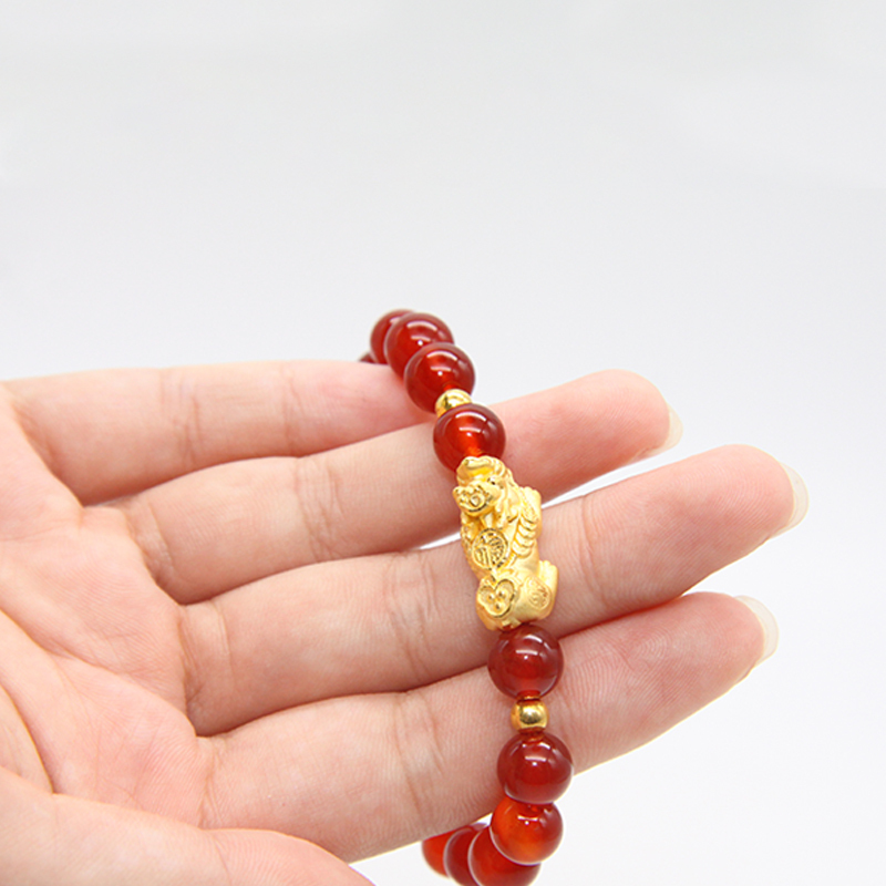 纳福足金貔貅转运珠黄金手链本命年红绳手链路路通3d硬金男女款生日送
