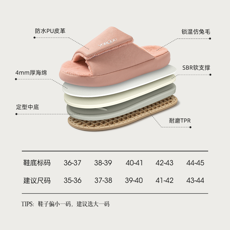 远港魔术贴开口棉拖鞋女秋冬季2023新款家居保暖毛绒外穿男皮拖鞋