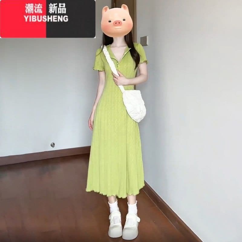 YIBUSHENG茶歇法式气质绿色短袖连衣裙子女季2024新款设计感梨形身材长裙图片
