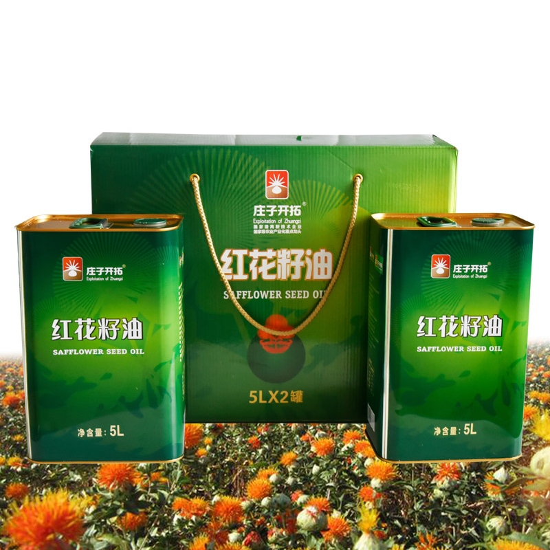 庄子开拓 新疆健康食用油 物理压榨一级 纯红花籽油 铁桶礼盒装 5L*2 （单位：盒）