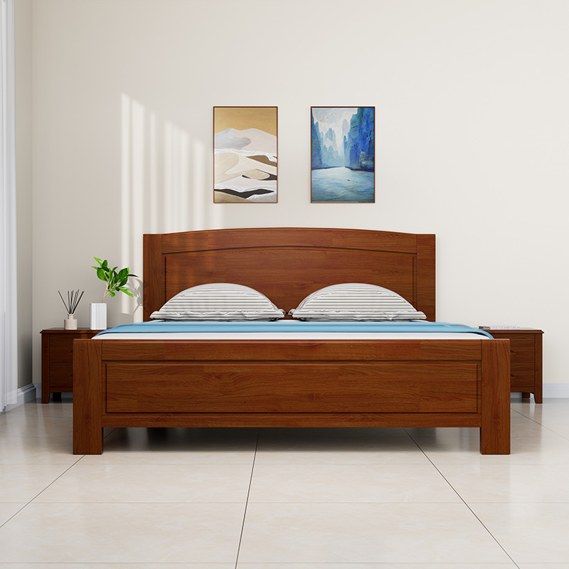 臻远ZY5062708 实木环保漆家具 实木双人床 1.8米含2个床头柜和10cm床垫 胡桃色高清大图