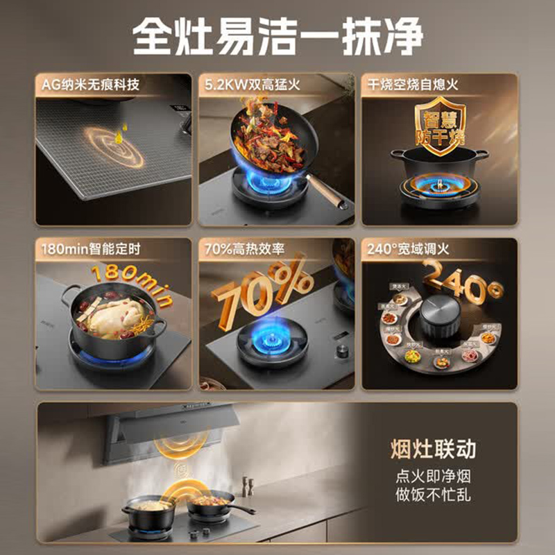 万家乐[超净燃气灶·魔净J10MAX]5.2kw火力70%热效率防干烧灶烟灶联动稀土釉面AG纳米无痕定时天然气灶高清大图