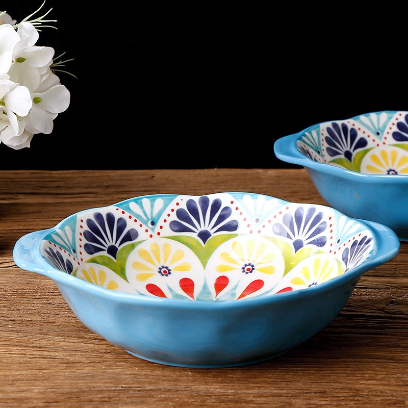波西米亚家用烤盘手柄碗餐具套装高颜值饭碗双耳汤碗盘子太阳花8英寸石纹饭盘1036高清大图