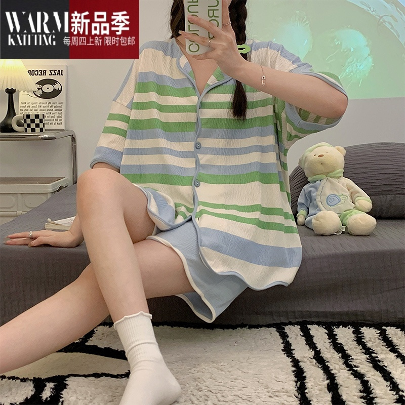SHANCHAO简约条纹睡衣女舒适高级感2023年夏季外穿新款短袖家居服套装