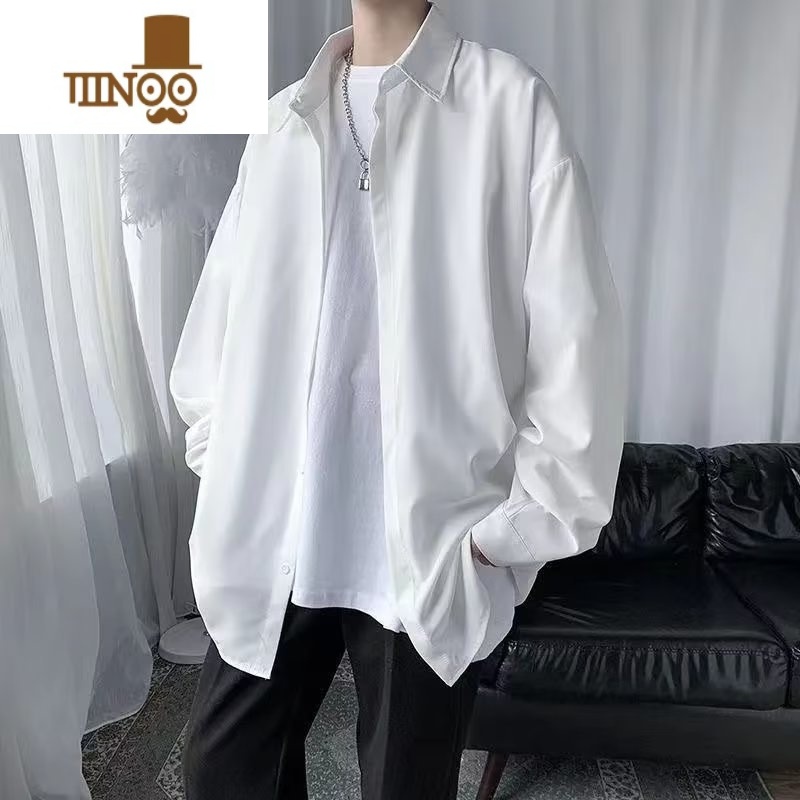 YANXU垂感衬衫男士长袖秋季外套翻领宽松潮流ins百搭港风痞帅黑色衬衣高清大图