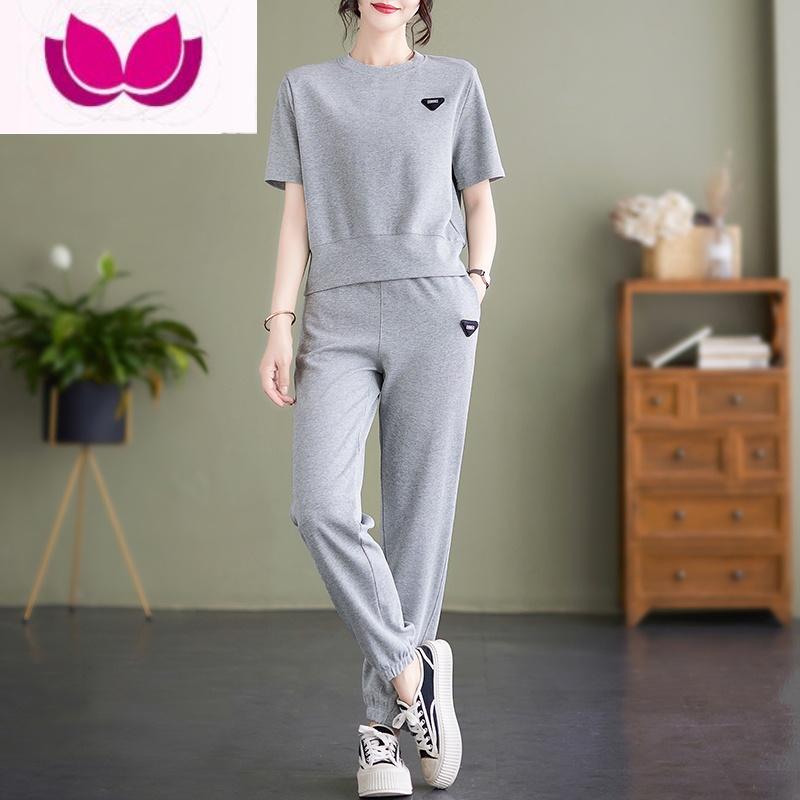 七斓运动服套装女夏2023新款大码宽松时尚短袖休闲跑步洋气套高清大图