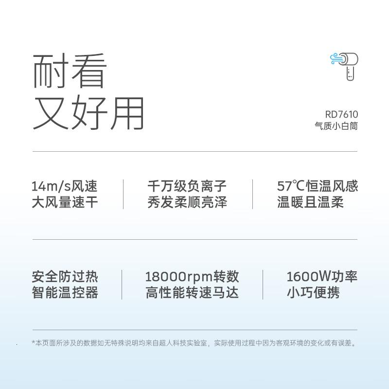 超人家用电吹风机水润负离子大风量速干便携简约吹风筒宿舍学生旅行用电吹风1600W智能恒温RD7610白色高清大图