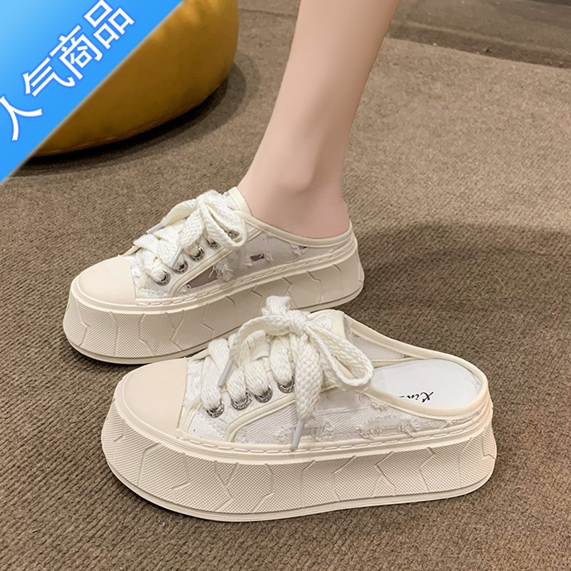 suntek欧货半拖鞋女夏外穿松糕厚底小白鞋无后跟小香风帆布运动包头凉