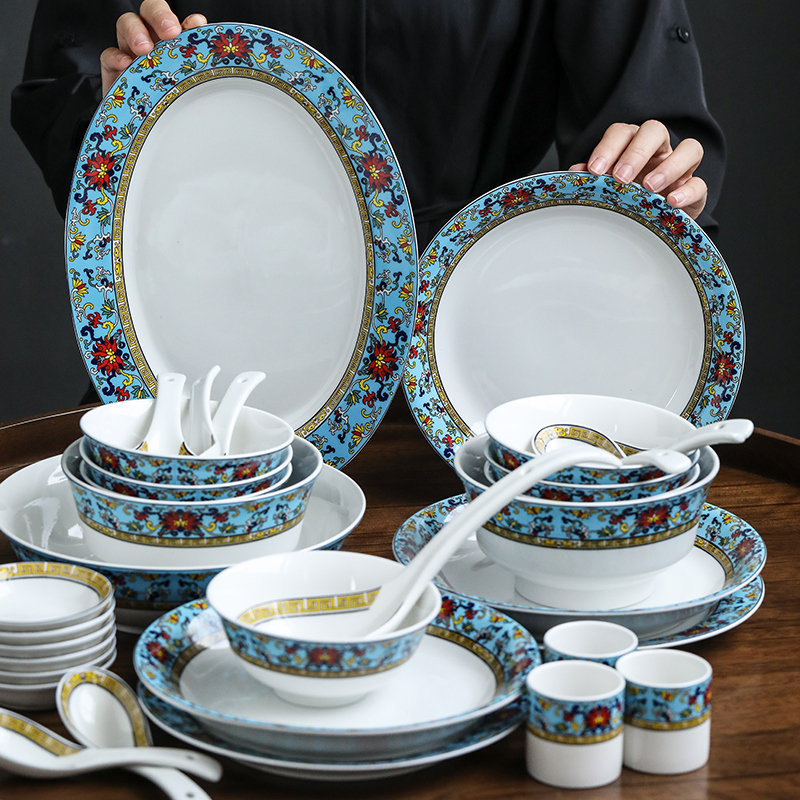 苏氏陶瓷 SUSHI CERAMICS 餐具套装 景泰蓝陶瓷碗盘碟勺子40头釉中彩中餐具礼盒装