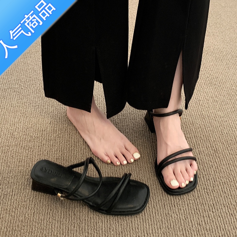 SUNTEK高跟凉鞋女款夏季2023新款时尚一字带法式配裙粗跟罗马鞋两穿凉拖高清大图