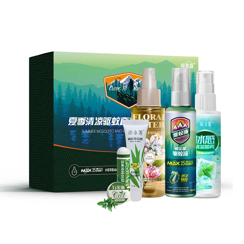 裕金源夏季清凉驱蚊套装驱蚊液110ml+植萃舒缓香氛花露水120ml+冰感清凉喷雾110ml+ 薄荷膏10g+鼻舒1.5高清大图
