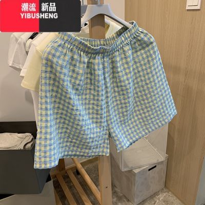 YIBUSHENG遛弯裤格子睡裤女薄款居家懒人裤直筒休闲阔腿裤外穿居家短裤 743绿色 L