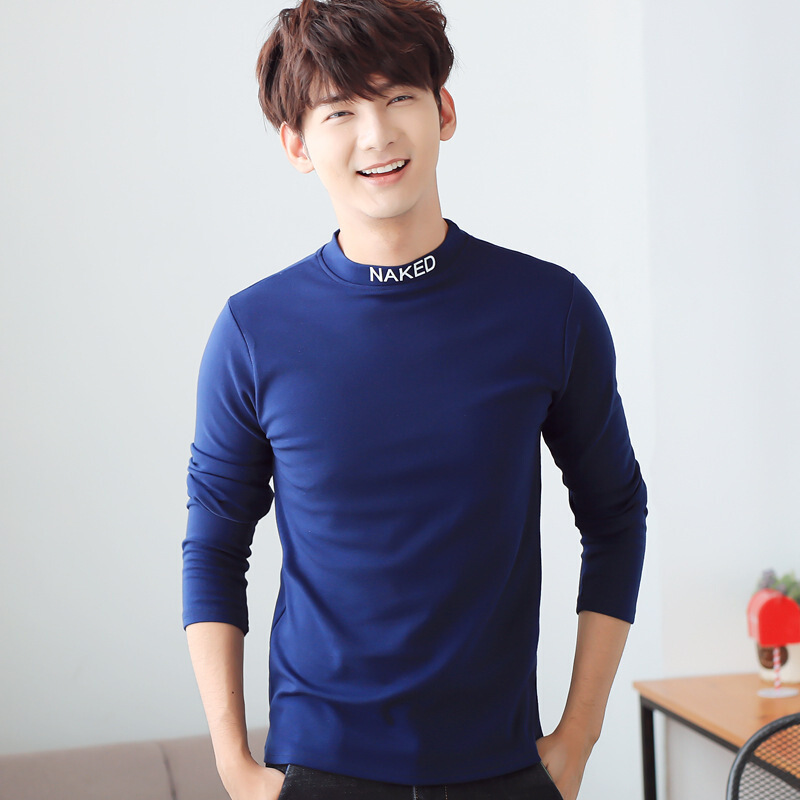 梵克公牛2019年春季秋男士长袖t恤中高圆领加厚衣服纯色打底衫 宝蓝色
