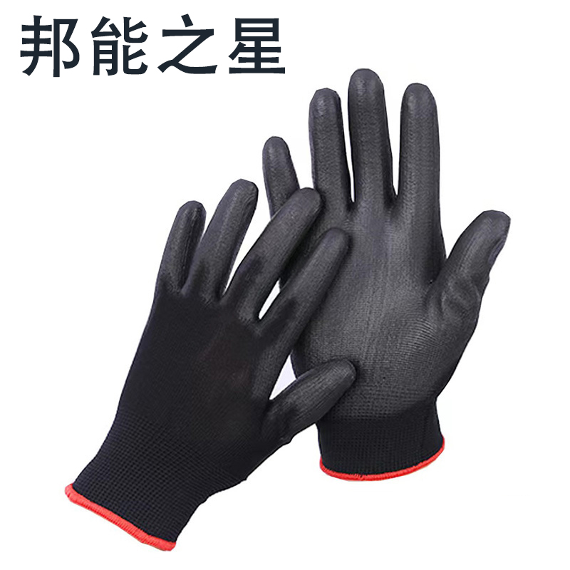 薄款黑PU涂指手套劳保防滑耐磨防尘尼龙纱线涂层透气带胶干活手套N52246高清大图