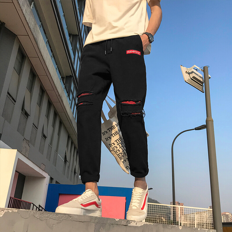 港风破洞九分牛仔裤男2018韩版潮流小脚9分休闲百搭乞丐裤子黑色A13#@775