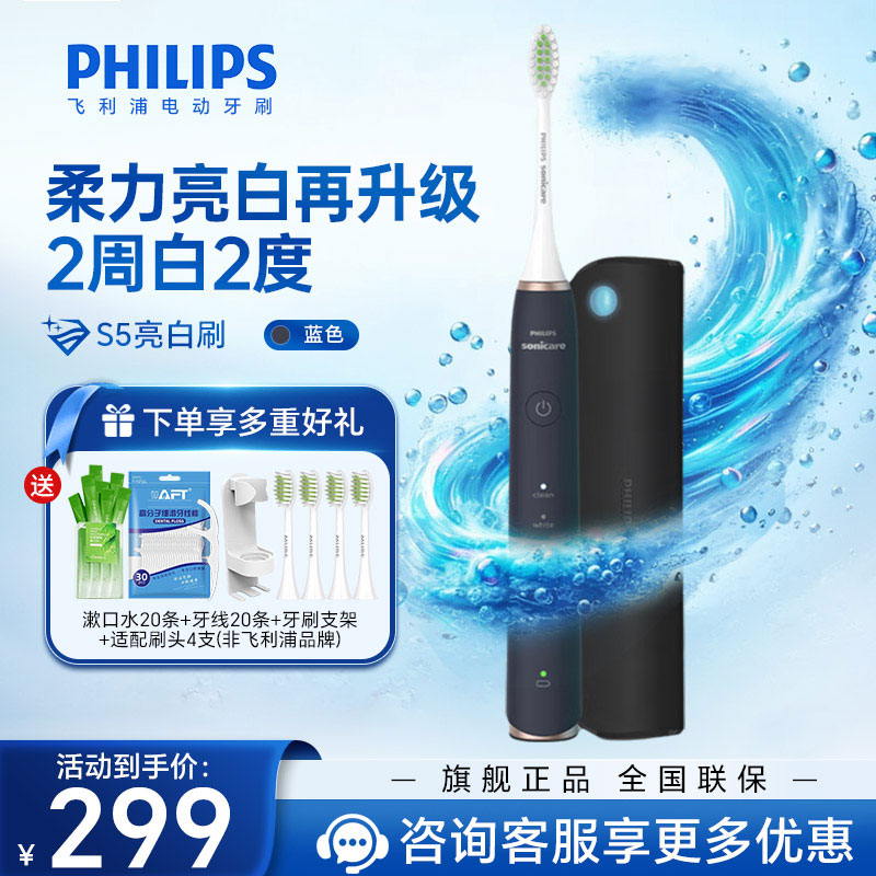 飞利浦（PHILIPS）电动牙刷成人声波震动牙刷 配杀菌旅行盒 鸢尾蓝HX2461/06