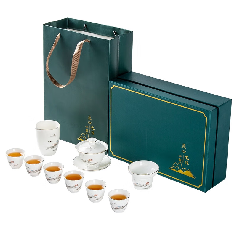 金镶玉山水白瓷描金茶具(盖碗*1+公道杯*1+茶漏*1+杯子*6)