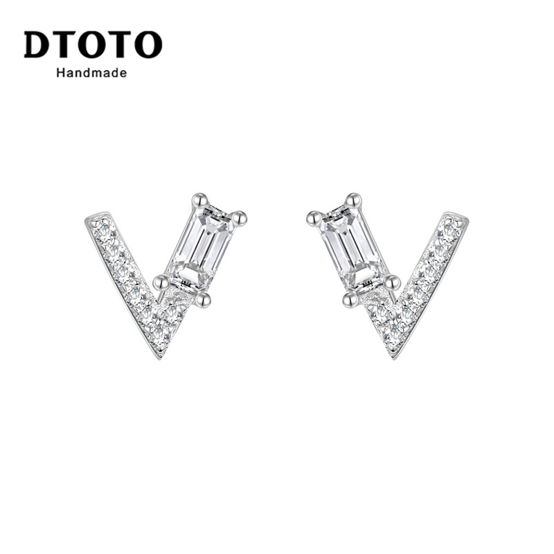 DTOTO 简约V字型耳环时尚镶锆百搭休闲个性银耳饰耳钉