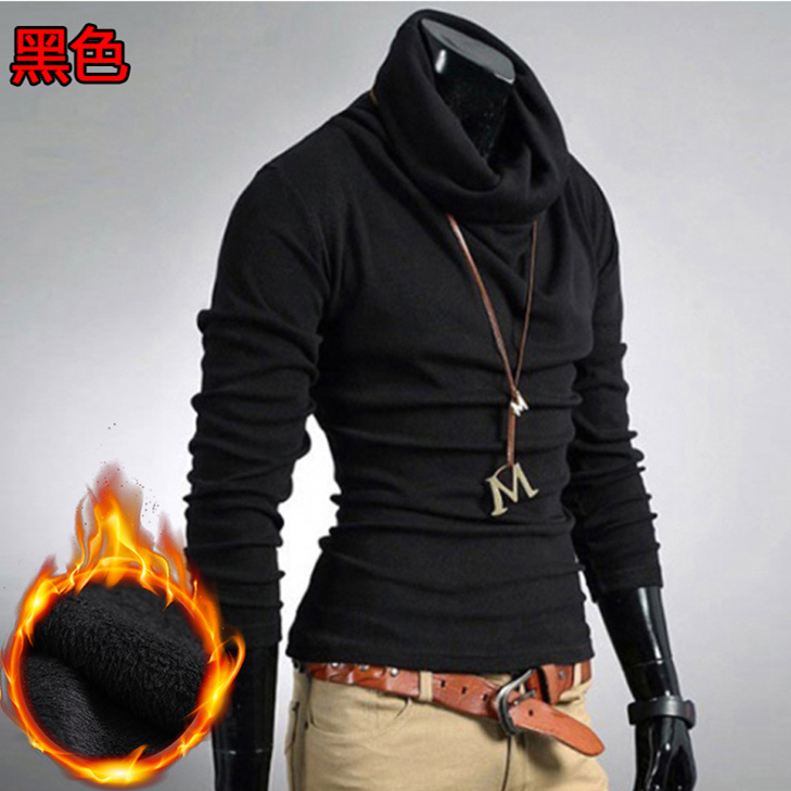 SUNTEK个性秋冬高领长袖T恤黑色堆堆领加绒加厚打底衫男发型师潮牌上衣T恤