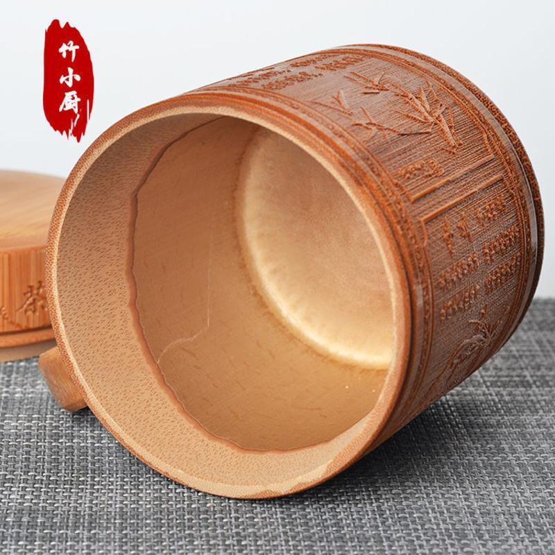 中式带盖竹茶杯创意竹水杯喝茶杯家用办公室大号功夫茶具工艺品 碳化茶杯