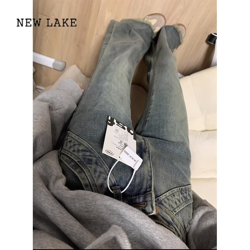 NEW LAKE复古设计感毛边微喇叭牛仔裤女春季高腰辣妹拼接弹力显瘦拖地长裤