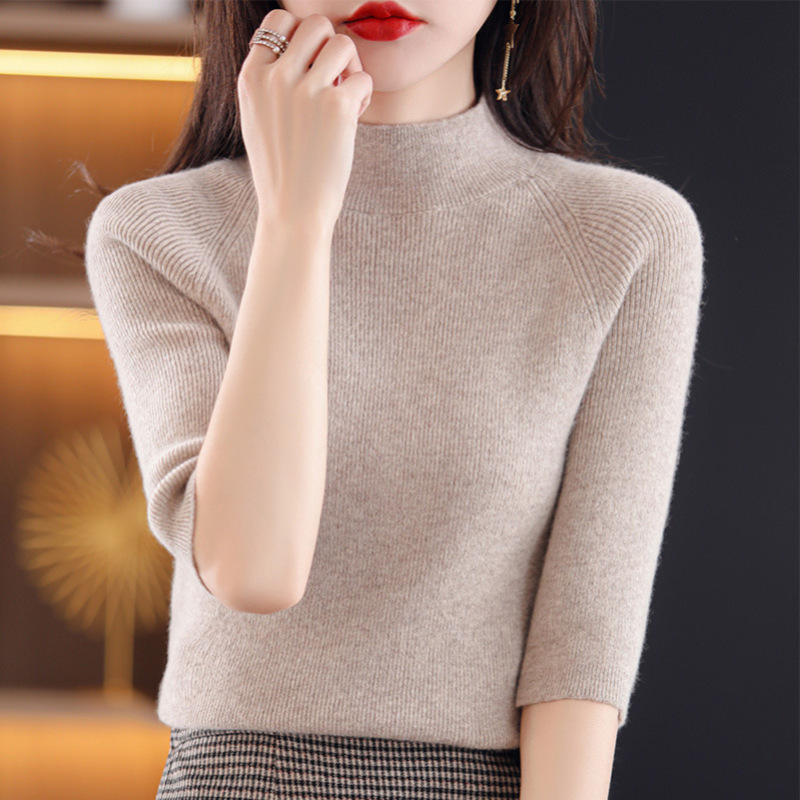 春秋半高领中袖修身内搭打底衫上衣女2022新款纯色套头针织衫毛
