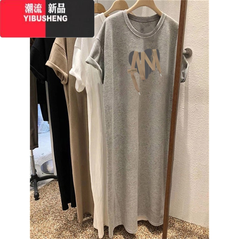 YIBUSHENG短袖遮肚子t恤裙女士季韩版宽松大码休闲中长款过膝连衣裙