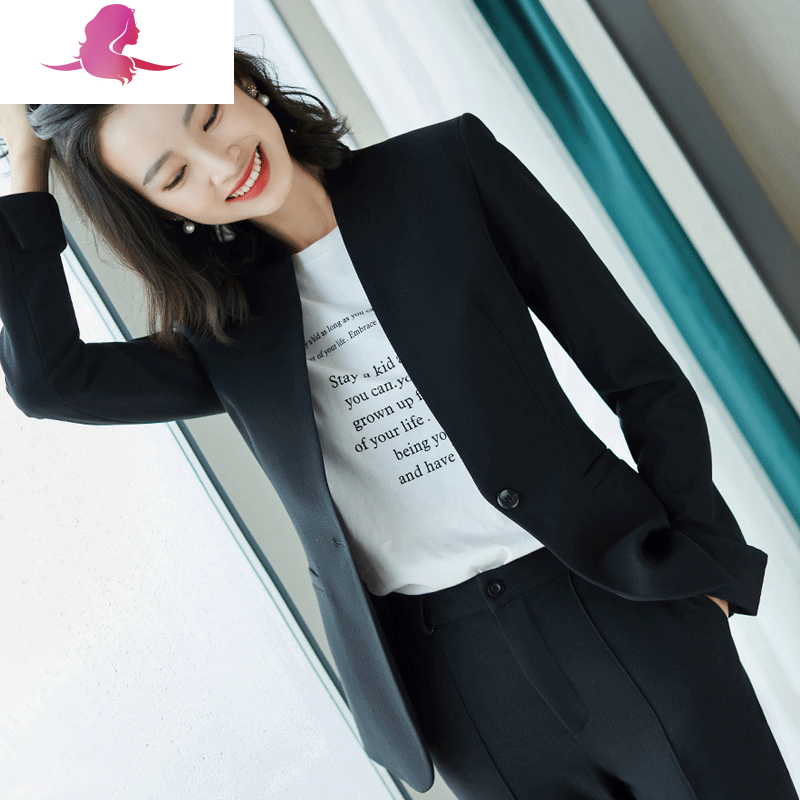 艳如飞黑色西服套装女春秋款高端气质无领西装外套设计感小众职业小个子套装